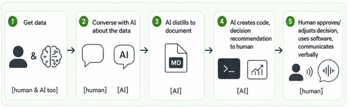 The new workflow — work moves between a human lane and an AI lane: get data together, human converses with AI about the data, AI distills it to a document, AI drafts code and a decision recommendation, then the human approves or adjusts, uses software, and communicates verbally.